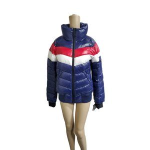 S13 Womens Retro Stripe Down Bomber Lightweight Down Jacket Blue Medium